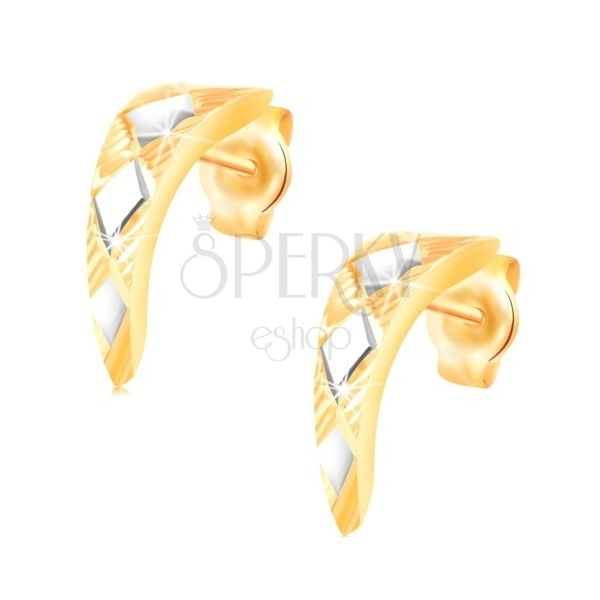 14-k zlati uhani – sijoč zožen lok z rombi iz belega zlata