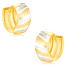 Zgibni obročasti uhani iz 14-k zlata – dvobarven krog z mat črtami
