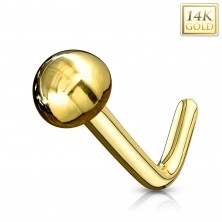 Ukrivljen piercing za nos iz 14-k zlata - sijoča gladka polkroglica, rumeno zlato