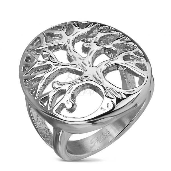 Prstan iz nerjavečega jekla z motivom drevesa življenja v velikem ovalu, srebrne barve