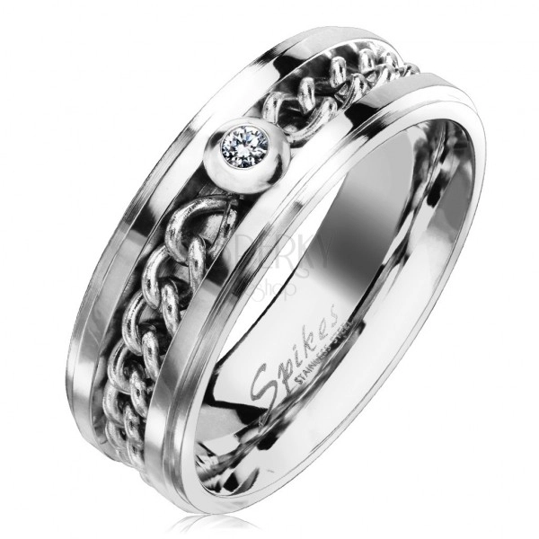 Jeklen prstan srebrne barve z verižico in prozornim cirkonom, 7 mm