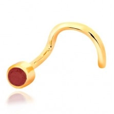 Piercing za nos iz 14-k rumenega zlata – ukrivljen, rdeč rubin v objemki
