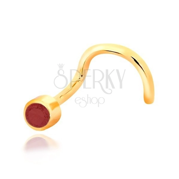 Piercing za nos iz 14-k rumenega zlata – ukrivljen, rdeč rubin v objemki