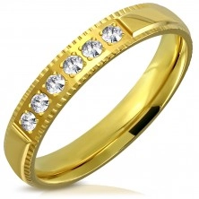 Jeklen prstan zlate barve – okrasni robovi, šest cirkonov, 4 mm