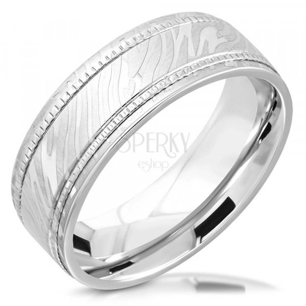 Poročni prstan iz nerjavečega jekla – nazobčani liniji, motiv zebre, 8 mm