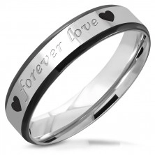 Jeklen poročni prstan – napis »forever love« in srce, prirezani črni robovi, 5 mm