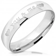 Jeklen poročni prstan srebrne barve – napis you & me, srca, 5 mm