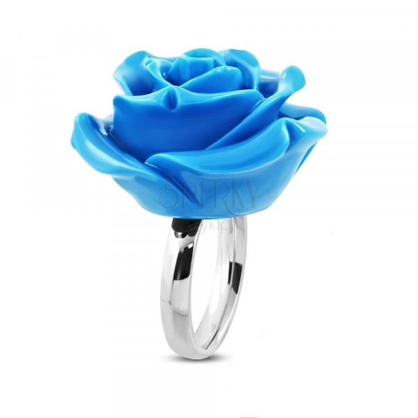 Prstan iz nerjavečega jekla – cvetoča vrtnica, sijoča modra smole