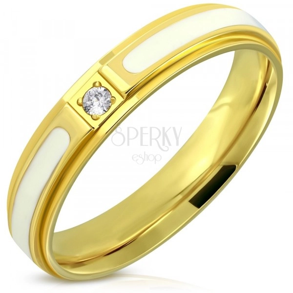 Jeklen prstan – sijoča zlata površina, bela glazura, cirkon, 4 mm