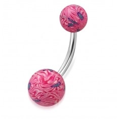 Piercing za popek – rožnato-bele kroglice iz mase fimo z abstraktnim vzorcem
