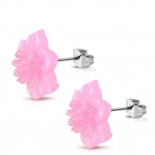 Jekleni uhani – cvet iz smole rožnate barve z mavričnim leskom