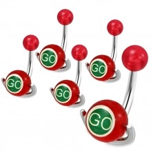 Jeklen piercing za popek - rdeča kroglica, valj z napisoma "GO" in "STOP"
