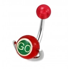 Jeklen piercing za popek - rdeča kroglica, valj z napisoma "GO" in "STOP"
