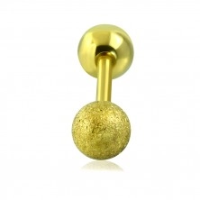 Jeklen piercing za uho - gladka in peskana kroglica zlate barve, 16 mm