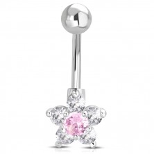 Jeklen piercing za popek – kroglica, rožnato-prozoren cvet
