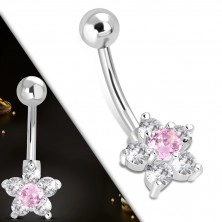 Jeklen piercing za popek – kroglica, rožnato-prozoren cvet