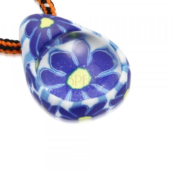 Ogrlica z vrvico – solza z modrimi cvetovi iz mase fimo, steklena kroglica
