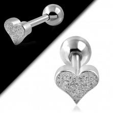 Jeklen piercing za uho - peskano srce in kroglica srebrne barve