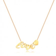 Ogrlica iz 9-k rumenega zlata -  tanka verižica, črke l, o, v, e, srce