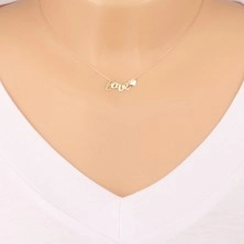 Ogrlica iz 9-k rumenega zlata -  tanka verižica, črke l, o, v, e, srce
