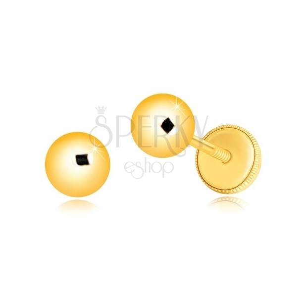 Uhani iz 14-k rumenega zlata – sijoča in gladka kroglica, čepki, ki se privijejo, 5 mm