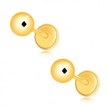 Uhani iz 14-k rumenega zlata – sijoča in gladka kroglica, čepki, ki se privijejo, 5 mm