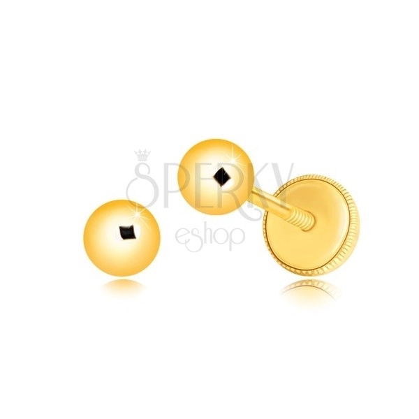 Uhani iz 14-k rumenega zlata – sijoča in gladka kroglica, čepki, ki se privijejo, 4 mm