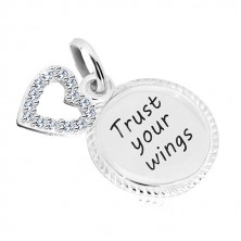Obesek iz srebra 925 - krog z napisom "Trust your wings", obris srca s cirkoni