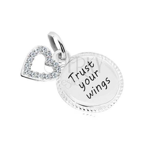 Obesek iz srebra 925 - krog z napisom "Trust your wings", obris srca s cirkoni