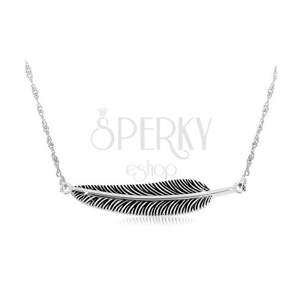 Ogrlica iz srebra 925 – spiralasta verižica in patinirano pero