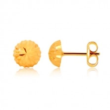 Uhani iz 9-k rumenega zlata, cvetlični motiv – lesketava glavica z zarezami, čepki