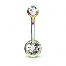 Jeklen piercing za popek – kroglici z lesketavima cirkonoma, različne barve, dolžina 10 mm