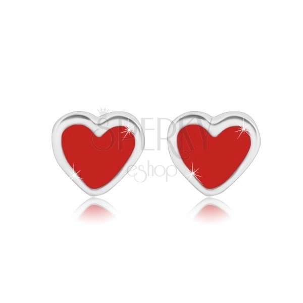 Uhani iz srebra 925 – simetrično srce z rdečo glazuro, čepki