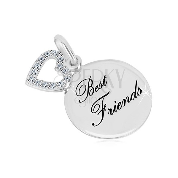 Obesek iz srebra 925 – sijoč krog, napis Best Friends, obris srca s cirkoni