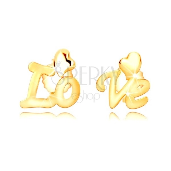 Uhani iz 9-k rumenega zlata – ločen napis Love, nesimetrično srce, čepki