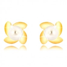 Uhani iz 9-k zlata – sijoč cvet s štirimi cvetnimi listi, bel biser