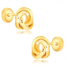 Uhani iz 9-k rumenega zlata – trije prepleteni obročki, čepki, ki se privijejo