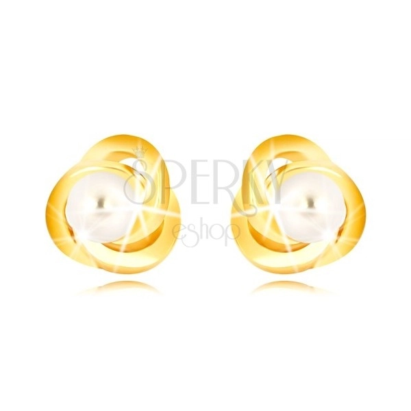 Uhani iz 9-k rumenega zlata – trije prepleteni obročki, bel sladkovodni biser, 3 mm