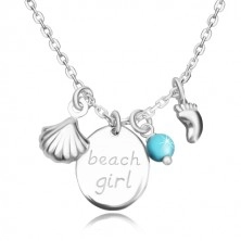 Ogrlica iz srebra 925 – oval z napisom beach girl, odtis stopala, školjka in kroglica