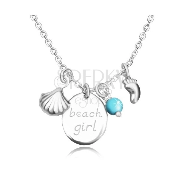 Ogrlica iz srebra 925 – oval z napisom beach girl, odtis stopala, školjka in kroglica