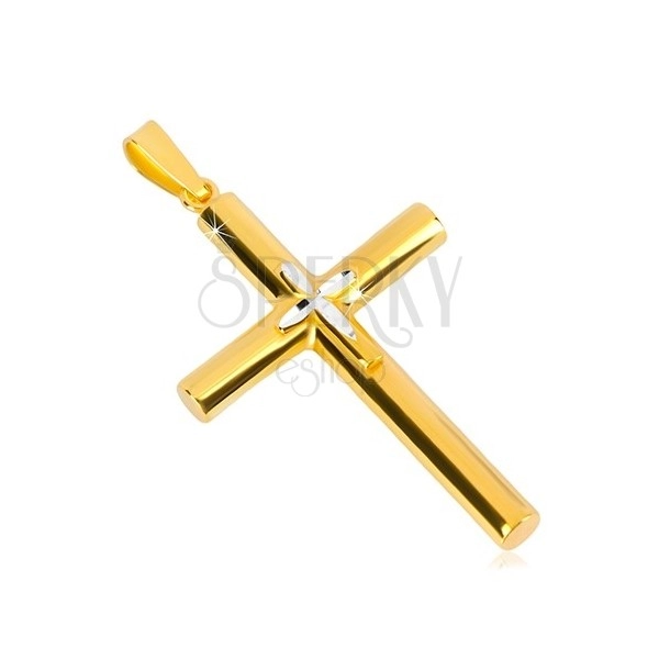 Obesek iz srebra 925 – križ zlate barve, manjši križ na sredini, zrnate zareze