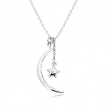 Diamantna ogrlica, srebro 925 – sijoč polmesec in zvezda z briljantom