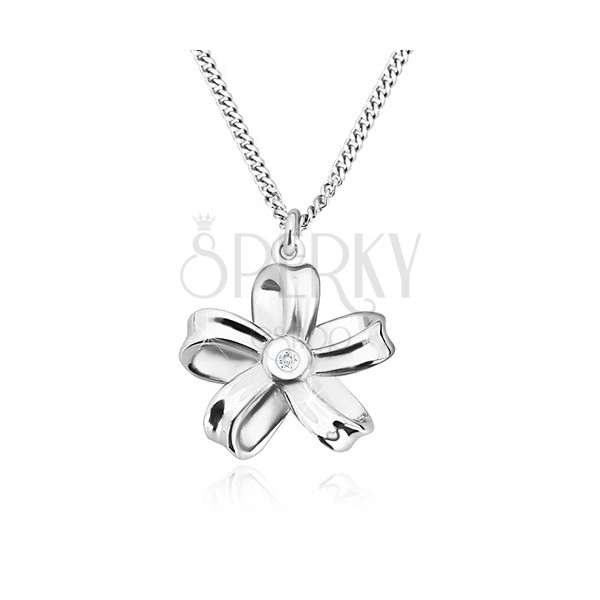 Ogrlica iz srebra 925 – sijoč trak, cvet s petimi cvetnimi listi in briljantom