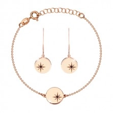 Komplet  iz srebra 925 rožnato zlate barve - zapestnica in uhani, krog s severnico, črn diamant