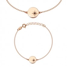 Komplet  iz srebra 925 rožnato zlate barve - zapestnica in uhani, krog s severnico, črn diamant