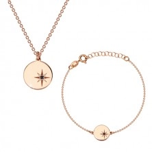 Komplet iz srebra 925 rožnato zlate barve – zapestnica in ogrlica, krog, severnica, črn diamant