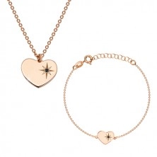 Komplet iz srebra 925 rožnato zlate barve – zapestnica in ogrlica, srce s severnico in diamantom