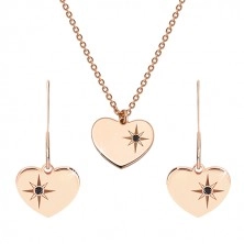 Komplet iz srebra 925 rožnato zlate barve – ogrlica in uhani, srce s severnico, črn diamant