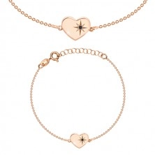 Komplet iz srebra 925 rožnato zlate barve – zapestnica in uhani, srce s severnico in diamant