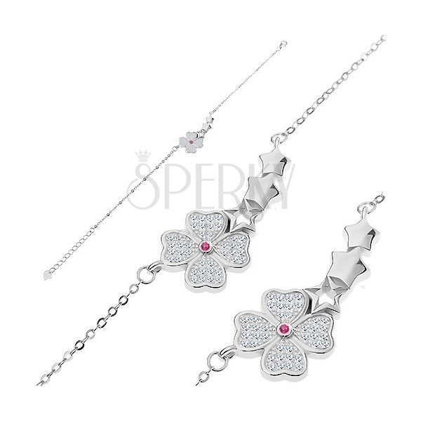 Zapestnica iz srebra 925 – lesketav cvet, tri zvezde, majhni ovalni členi